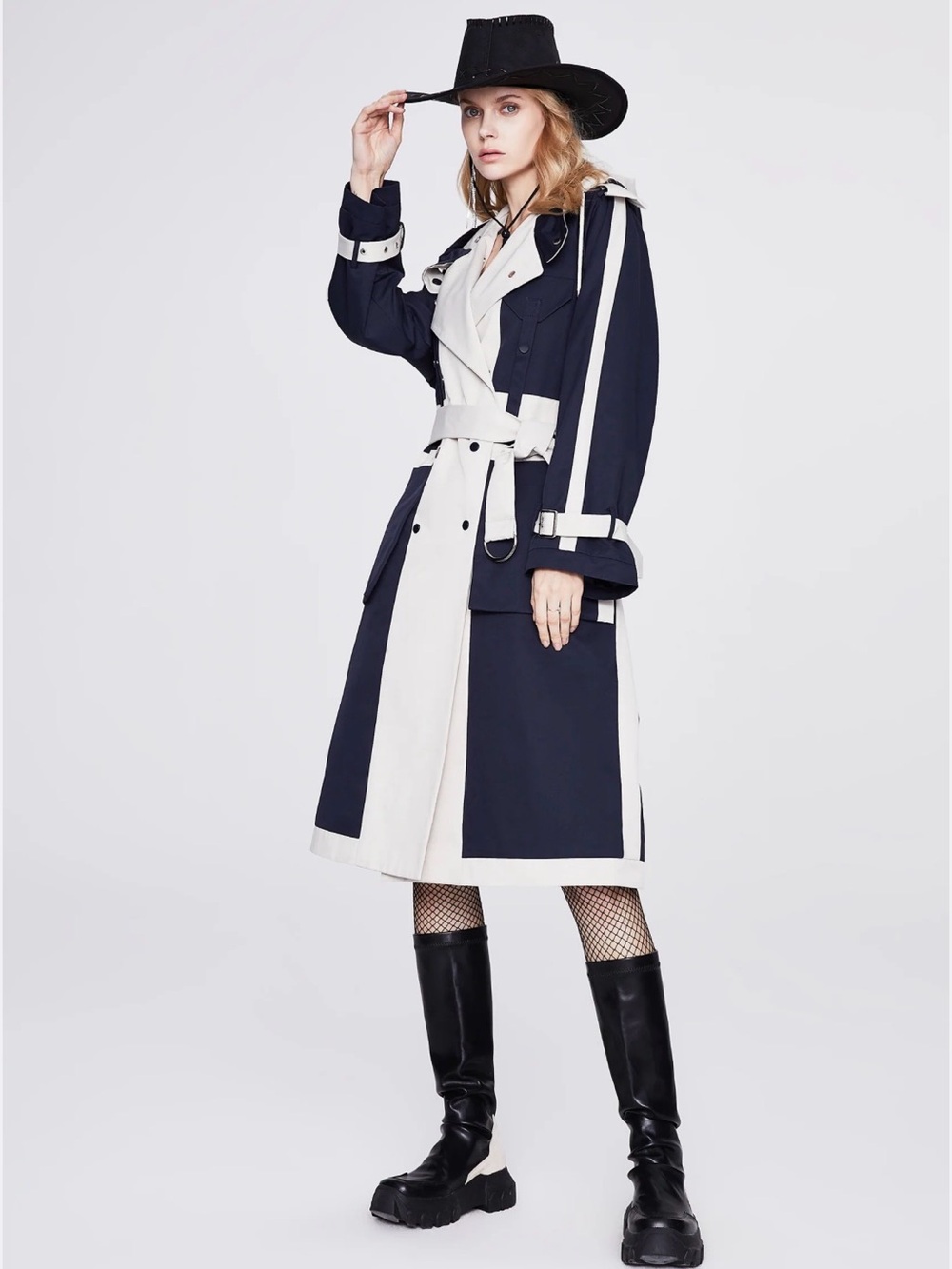 Contrast Panel Trench Coat - Navy & Cream